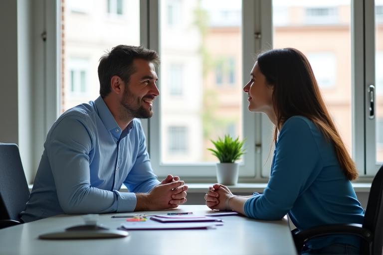 Reunión de feedback entre directivo y empleado en oficina moderna