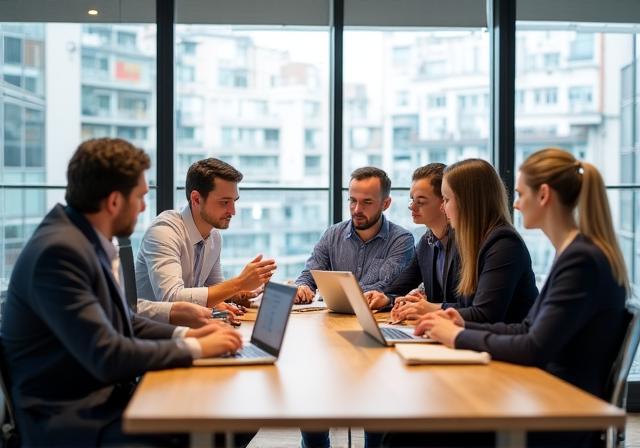 Equipo profesional colaborando en un entorno moderno